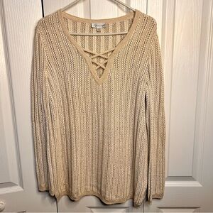 St John Sport Women’s Oatmeal‎ Knit Stripe V-Neck Pullover Sweater L Made in USA